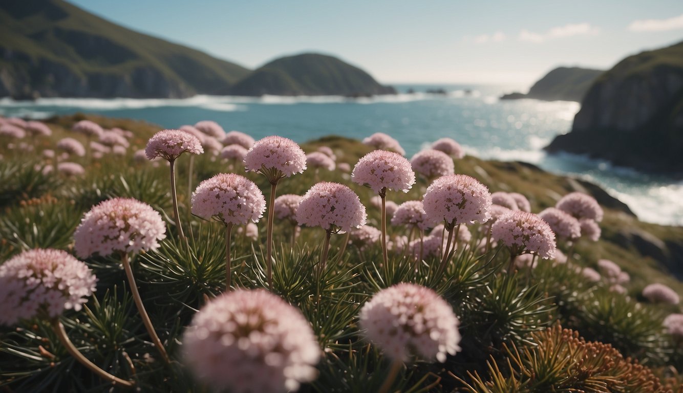 Sea Thrift plant blooms in rocky coastal landscape, surrounded by ocean waves and seagulls in flight