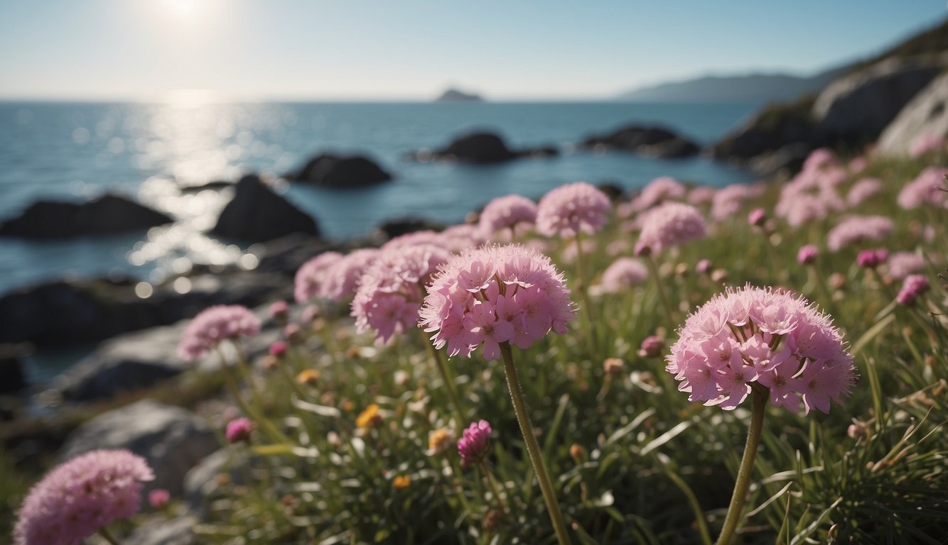 A coastal landscape with rocky cliffs and sandy shores, dotted with clusters of vibrant pink sea thrift plants, swaying in the gentle ocean breeze