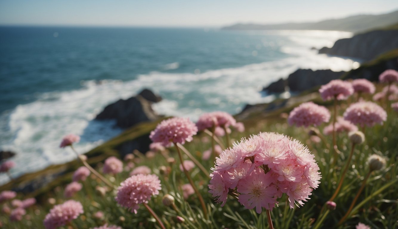 Sea thrift plants bloom abundantly in a coastal landscape.

Waves crash against the rocky shore as the vibrant pink flowers sway in the salty breeze