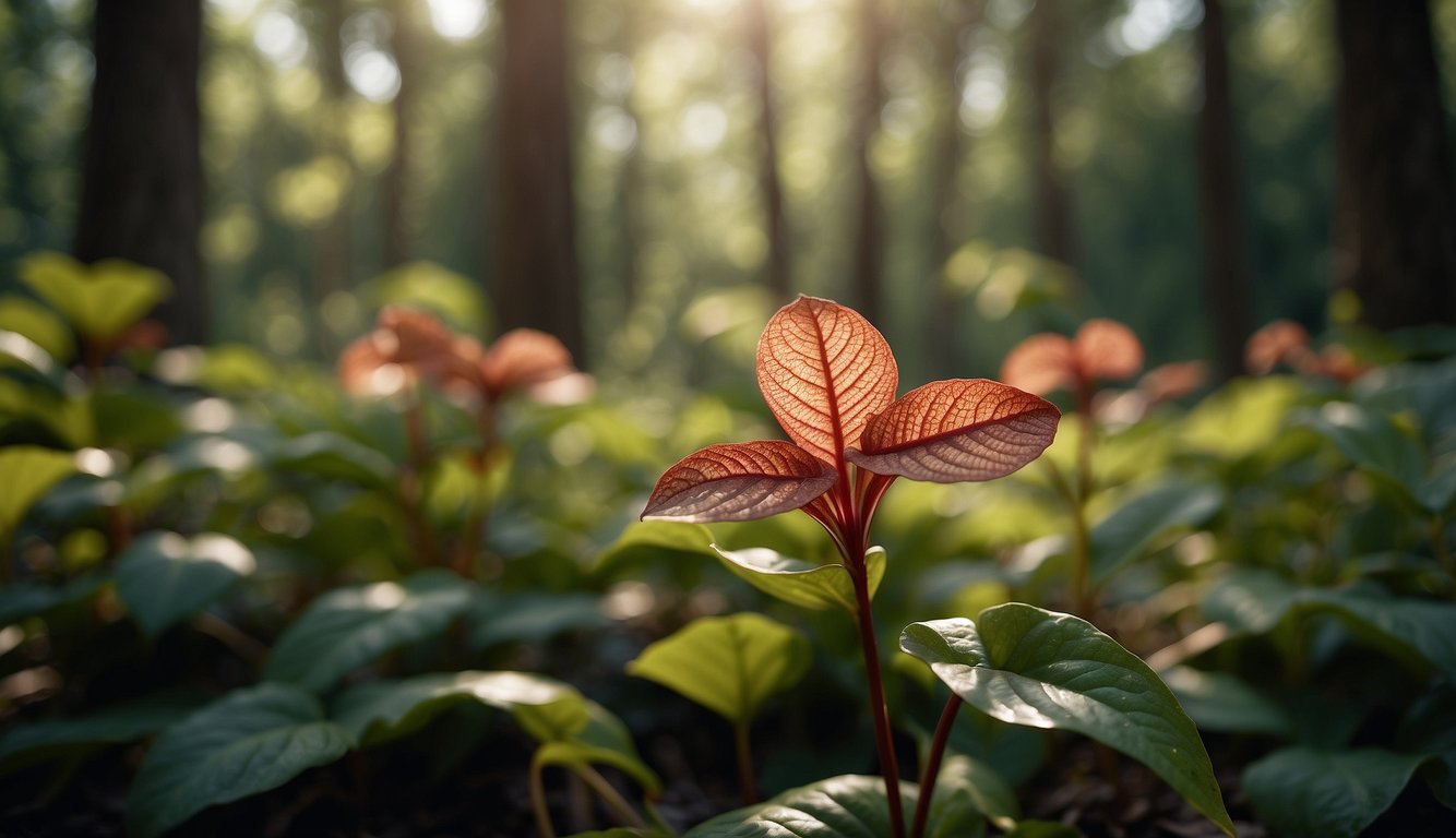 The European wild ginger plant stands tall in a forest clearing, its heart-shaped leaves glistening in the dappled sunlight.

Reddish-brown flowers peek out from the dense foliage, adding a pop of color to the serene scene