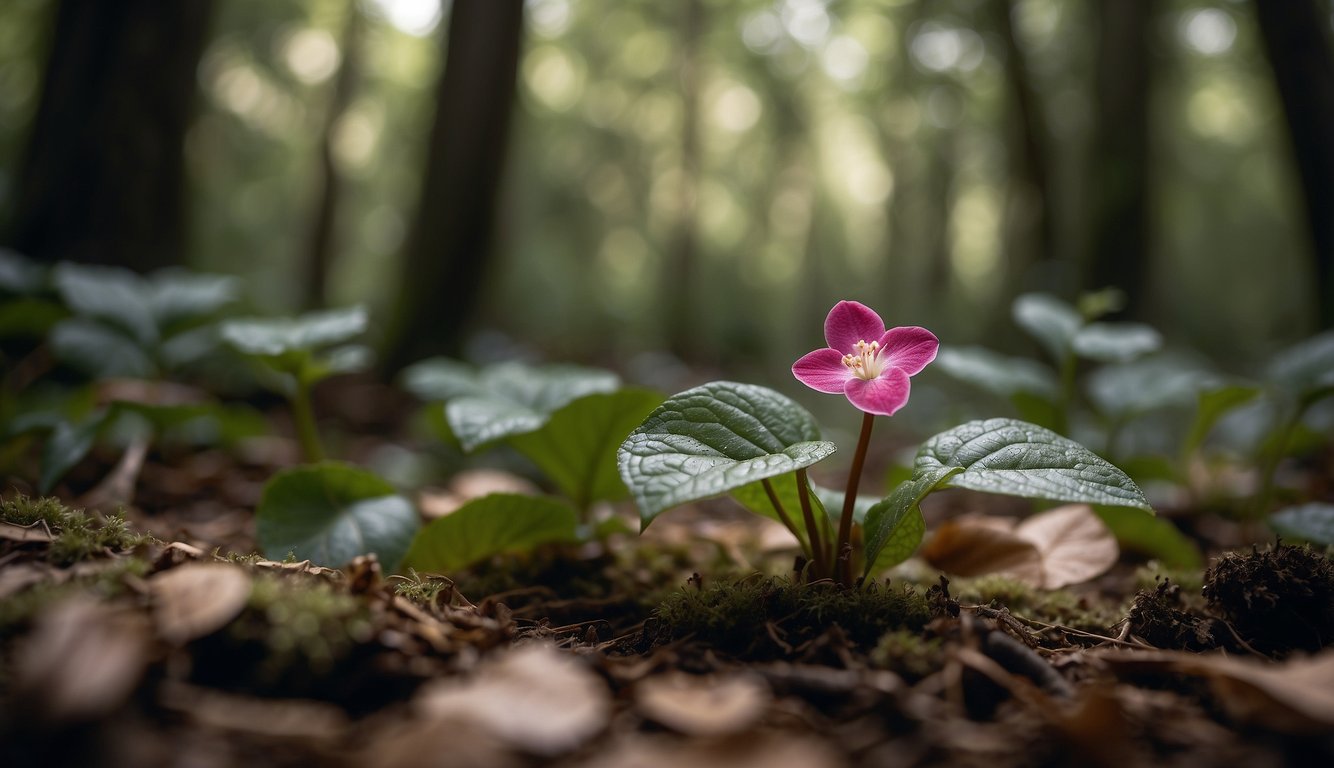 The European wild ginger grows in a shaded forest floor, with heart-shaped leaves and small, maroon flowers peeking through the foliage