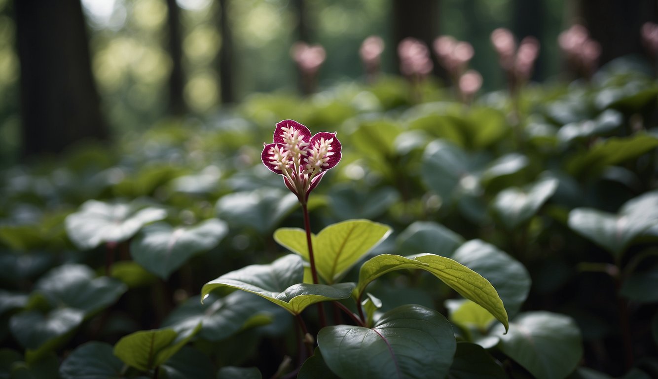 The European wild ginger plant stands in a shaded woodland, its heart-shaped leaves and small, maroon flowers drawing attention