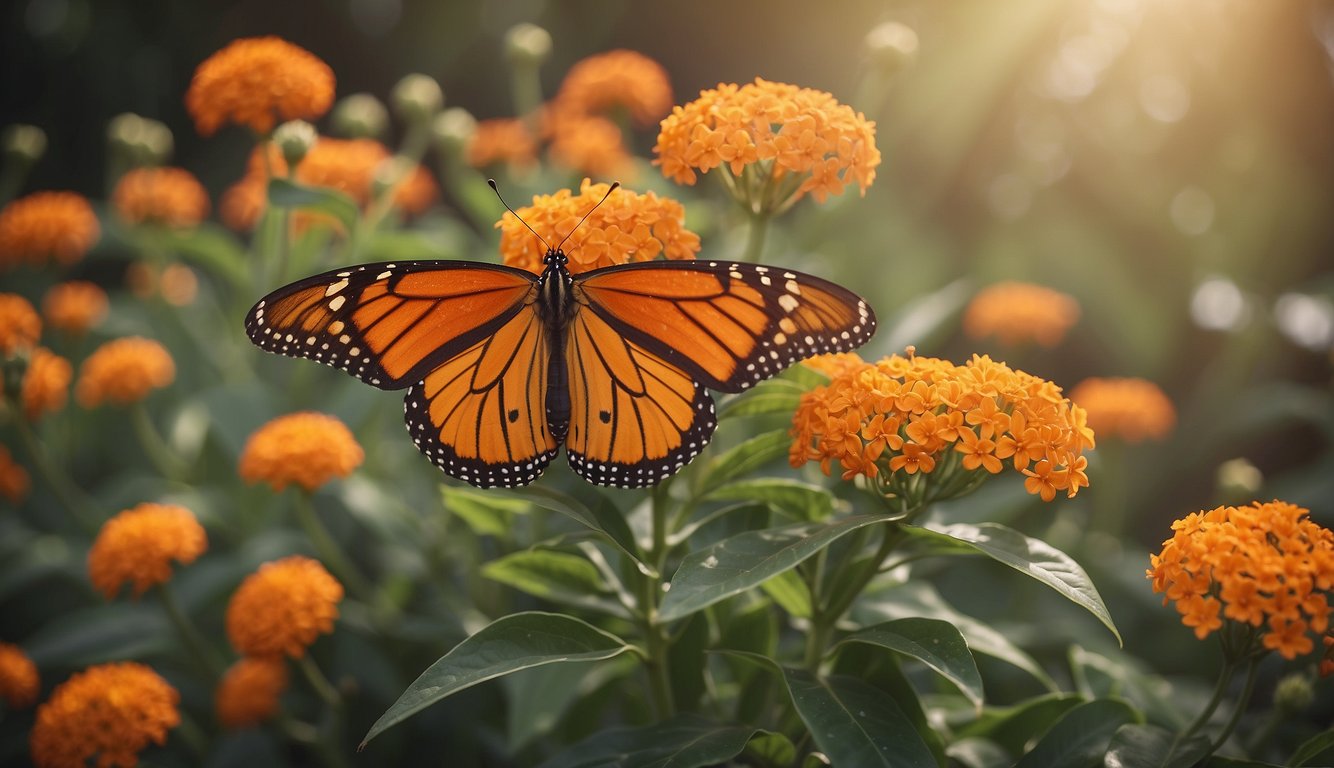 A vibrant garden filled with orange Asclepias Tuberosa flowers, surrounded by fluttering monarch butterflies