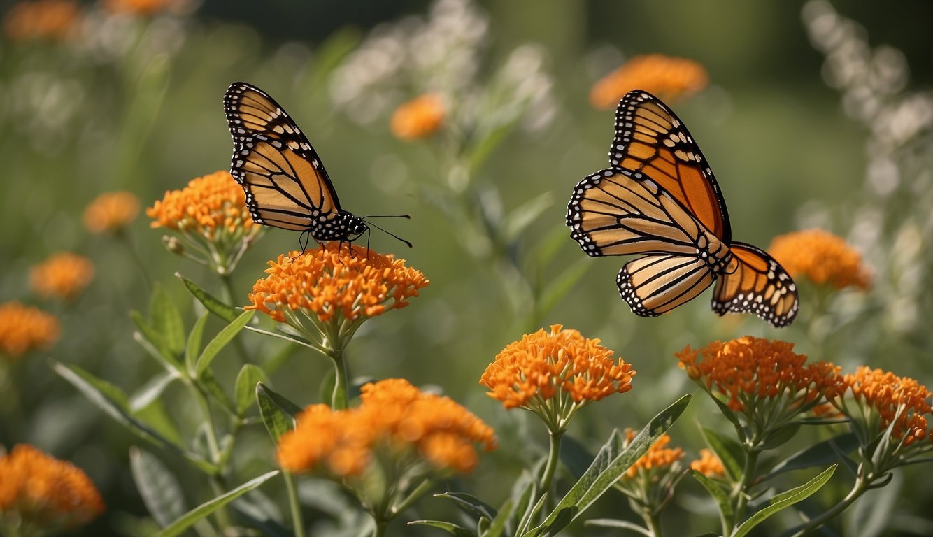 Monarchs flutter around vibrant orange butterfly weed, Asclepias Tuberosa, in a sun-drenched garden.

Milkweed blooms attract and support the iconic butterflies in their conservation efforts