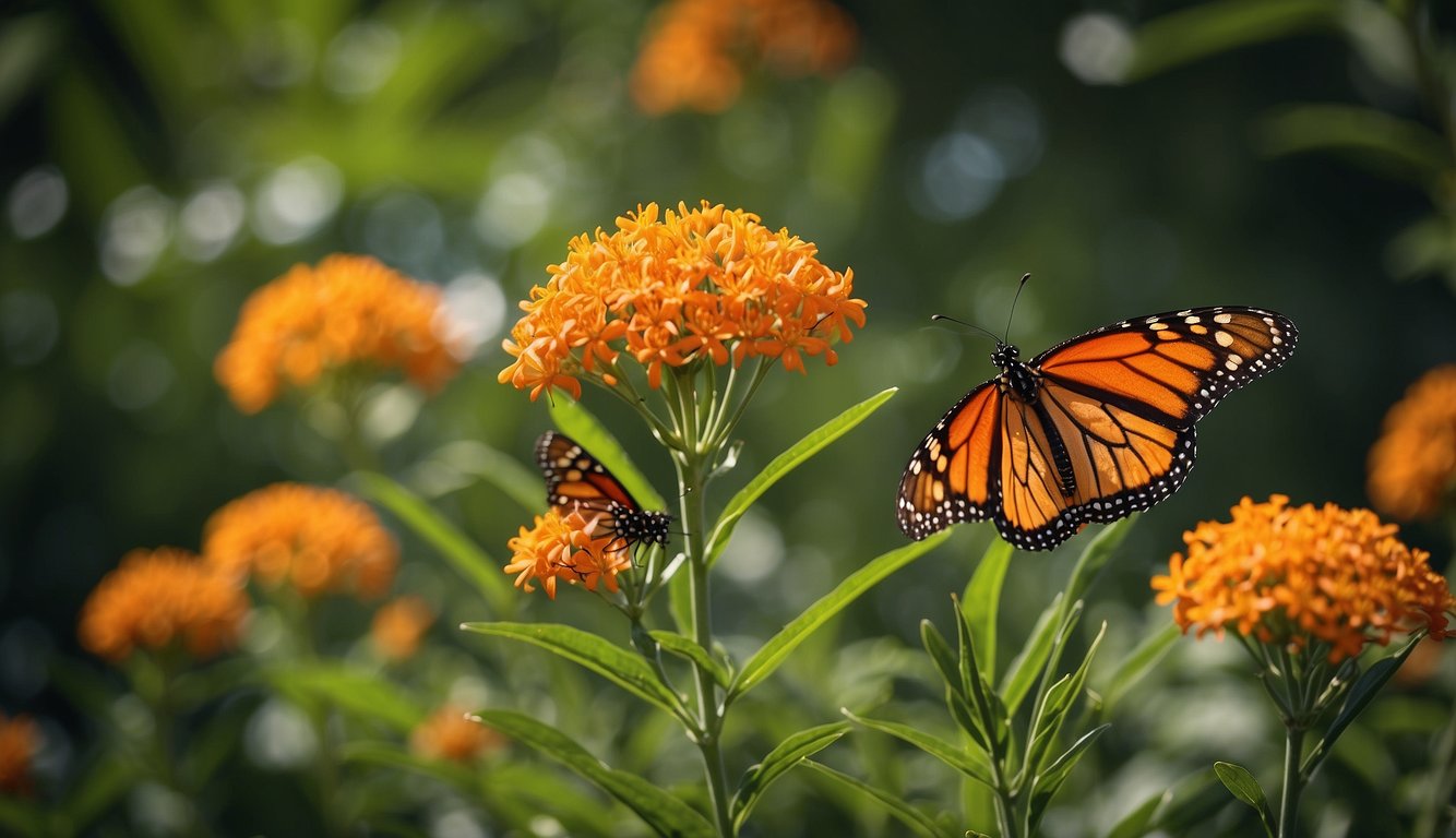 Butterfly weed blooms in a sunny garden, surrounded by fluttering monarch butterflies.

The vibrant orange flowers stand out against the green foliage, attracting the attention of the delicate insects