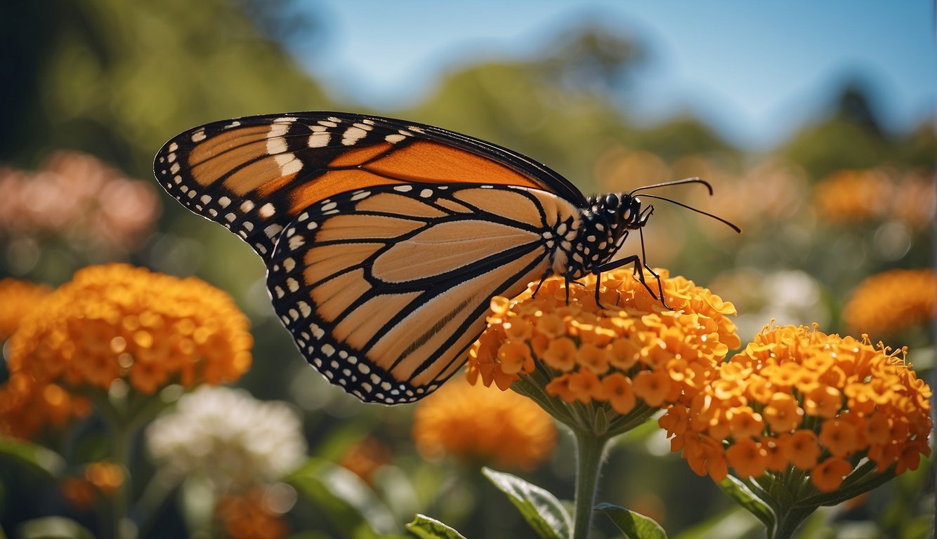 A monarch butterfly lands on a vibrant orange Asclepias Tuberosa flower, surrounded by other blooming flowers in a colorful garden