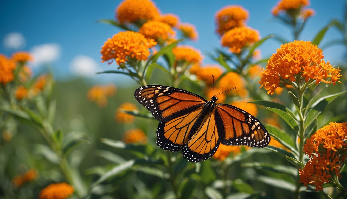 Butterfly weed blooms in vibrant orange, attracting monarch butterflies.

Lush green leaves surround the flowers, set against a clear blue sky