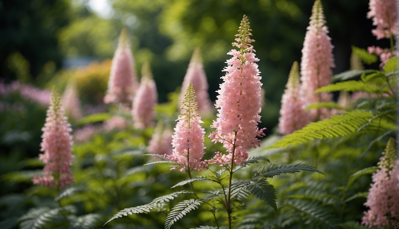 Astilbe Chinensis blooms in a shaded garden, its feathery plumes adding soft texture and vibrant color to the tranquil setting