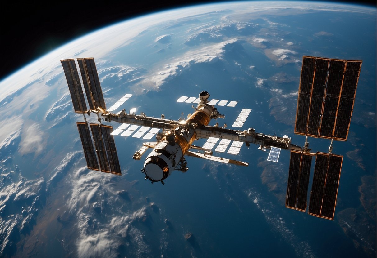 The International Space Station floats in the vastness of space, solar panels glinting in the sunlight as it orbits the Earth, a symbol of human ingenuity and a testbed for interstellar travel technologies