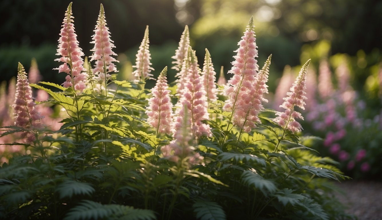 A lush garden bed with dappled sunlight, featuring delicate, feathery Astilbe Chinensis blooms in various shades of pink and white