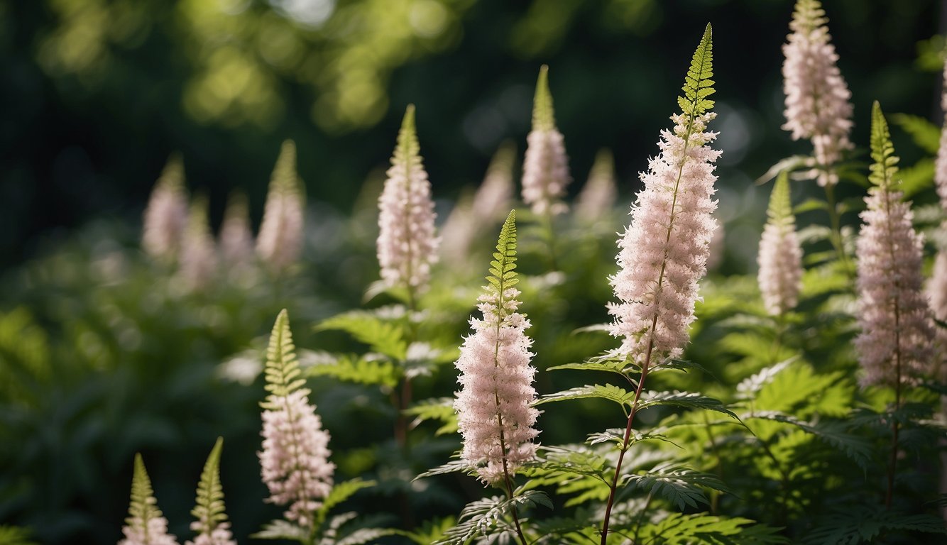 Lush green leaves surround delicate, feathery plumes of Astilbe Chinensis, adding texture and elegance to a shaded garden