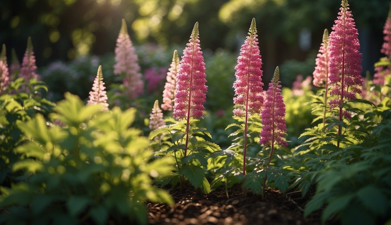 A lush garden bed with dappled sunlight, featuring vibrant Astilbe Chinensis plants in full bloom, adding a delicate and feathery texture to the shaded area