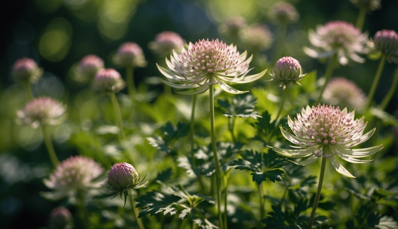 Astrantia Major blooms in a lush garden, surrounded by delicate foliage and dappled sunlight.

The intricate petals and vibrant colors of the Masterwort flower are the focal point of the scene