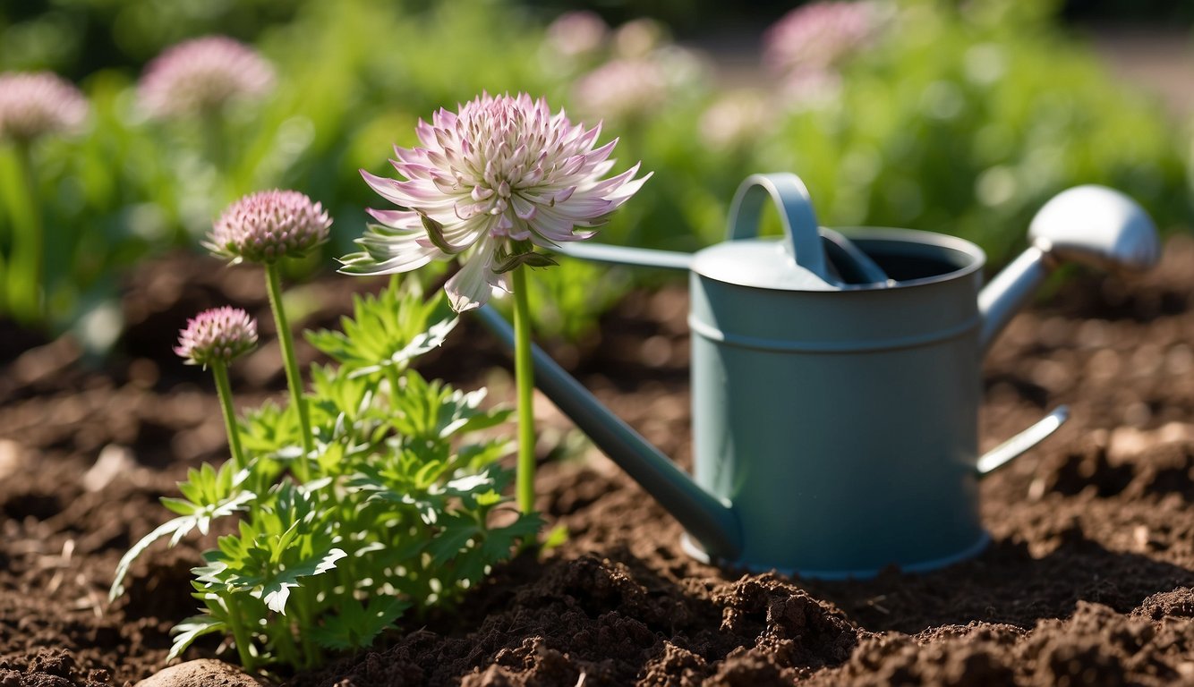 Astrantia Major plant surrounded by gardening tools, soil, and watering can on a sunny day