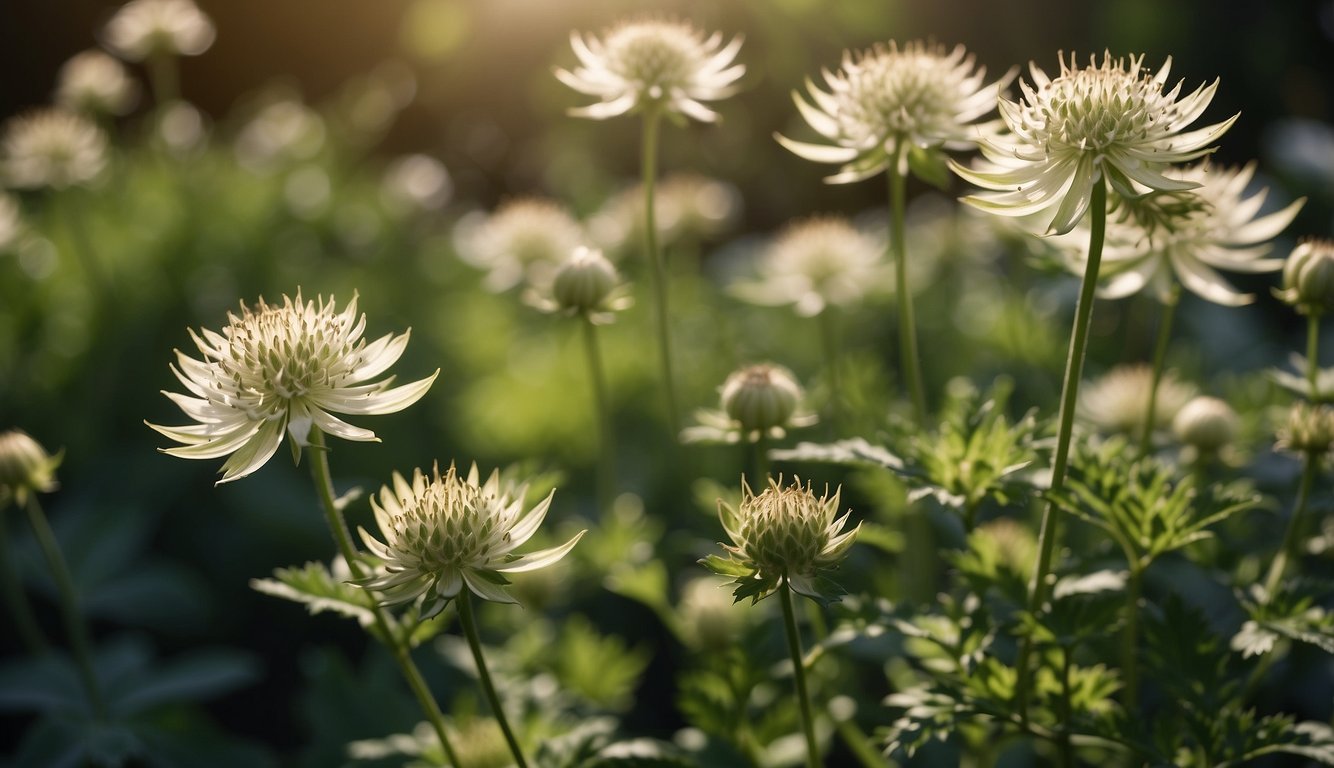 Astrantia Major blooms in a lush garden, surrounded by delicate foliage.

Sunlight filters through the leaves, casting a warm glow on the intricate petals