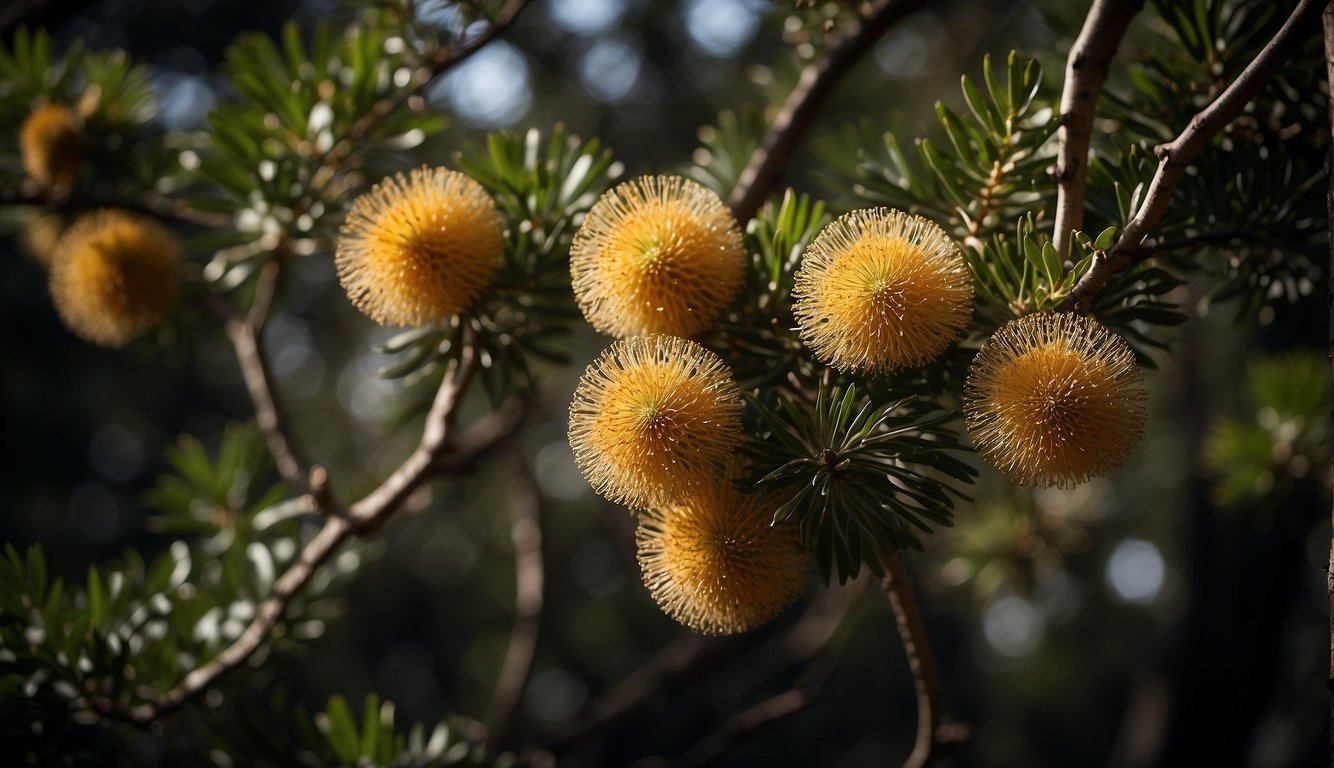 Sunlight filters through the dense forest, illuminating the gnarled branches of the Banksia Serrata.

Its serrated leaves and distinctive flower cones stand out against the dark backdrop, showcasing the unique charm of the "Old Man Banksia."