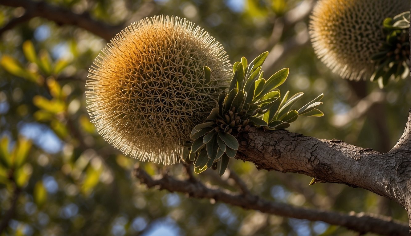 A Banksia Serrata tree stands tall, its gnarled trunk and serrated leaves catching the sunlight.

A variety of native birds flit around, drawn to the nectar-rich flowers. Fallen seed pods litter the ground, offering a glimpse