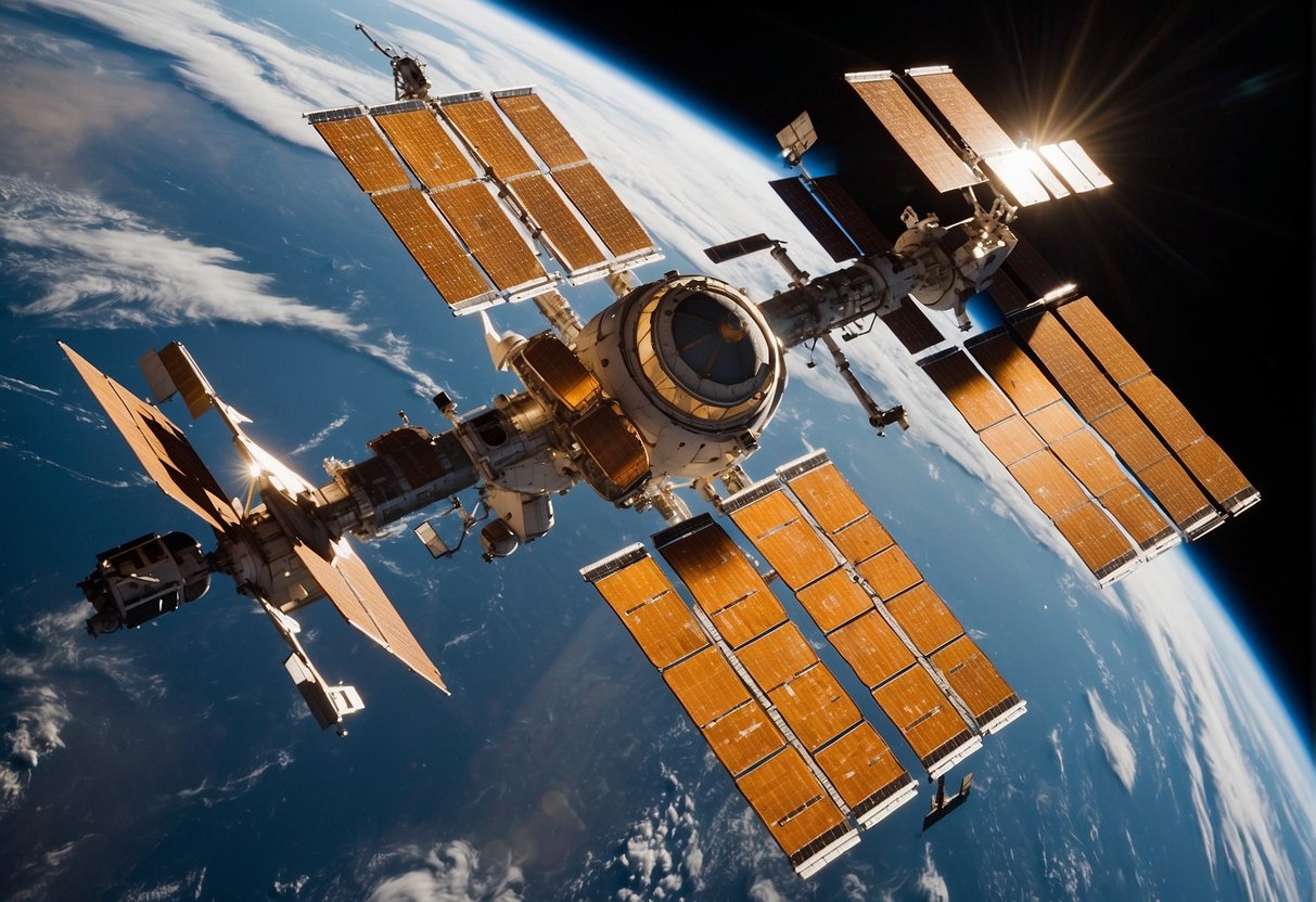 The International Space Station floats in the vastness of space, its solar panels gleaming in the sunlight. A variety of modules and components are visible, showcasing the collaborative efforts of multiple countries in advancing space exploration technologies