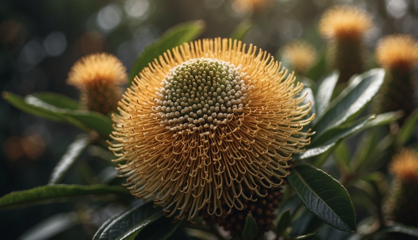 A close-up of a Banksia Serrata flower with intricate details and textures, showcasing its unique charm and beauty
