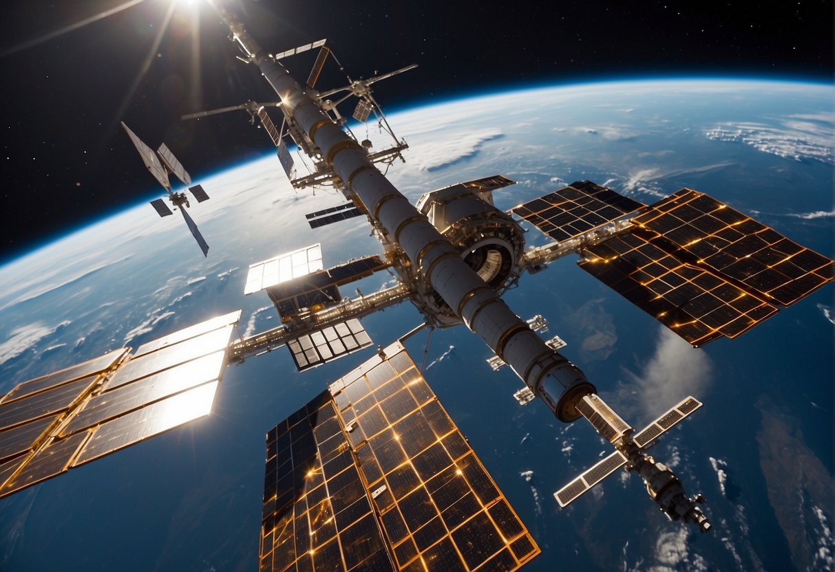 The International Space Station orbits Earth, showcasing advanced technology for interstellar travel. Solar panels and communication antennae extend from its metallic structure, while astronauts conduct experiments in the microgravity environment