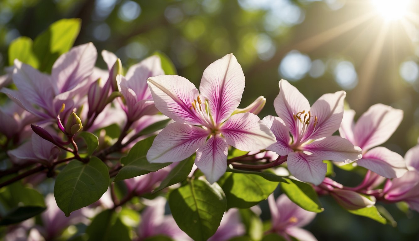 A vibrant Bauhinia Variegata tree blooms in a lush yard, surrounded by green foliage and bathed in sunlight.

Its delicate, orchid-like flowers add a touch of elegance to the serene landscape
