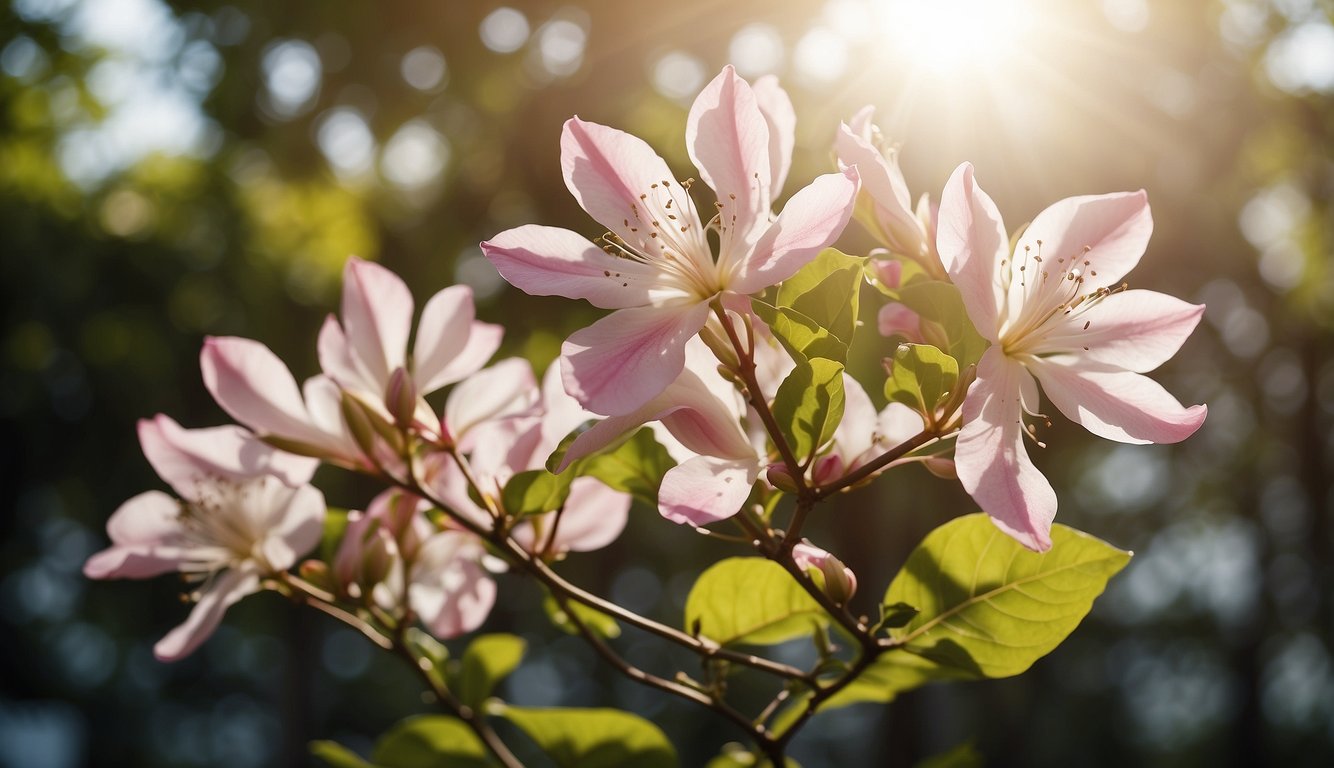 A blooming Bauhinia Variegata tree stands tall in a well-maintained yard, surrounded by lush greenery and vibrant flowers.

The sun shines down, casting a warm glow on the tree's delicate pink and white blossoms