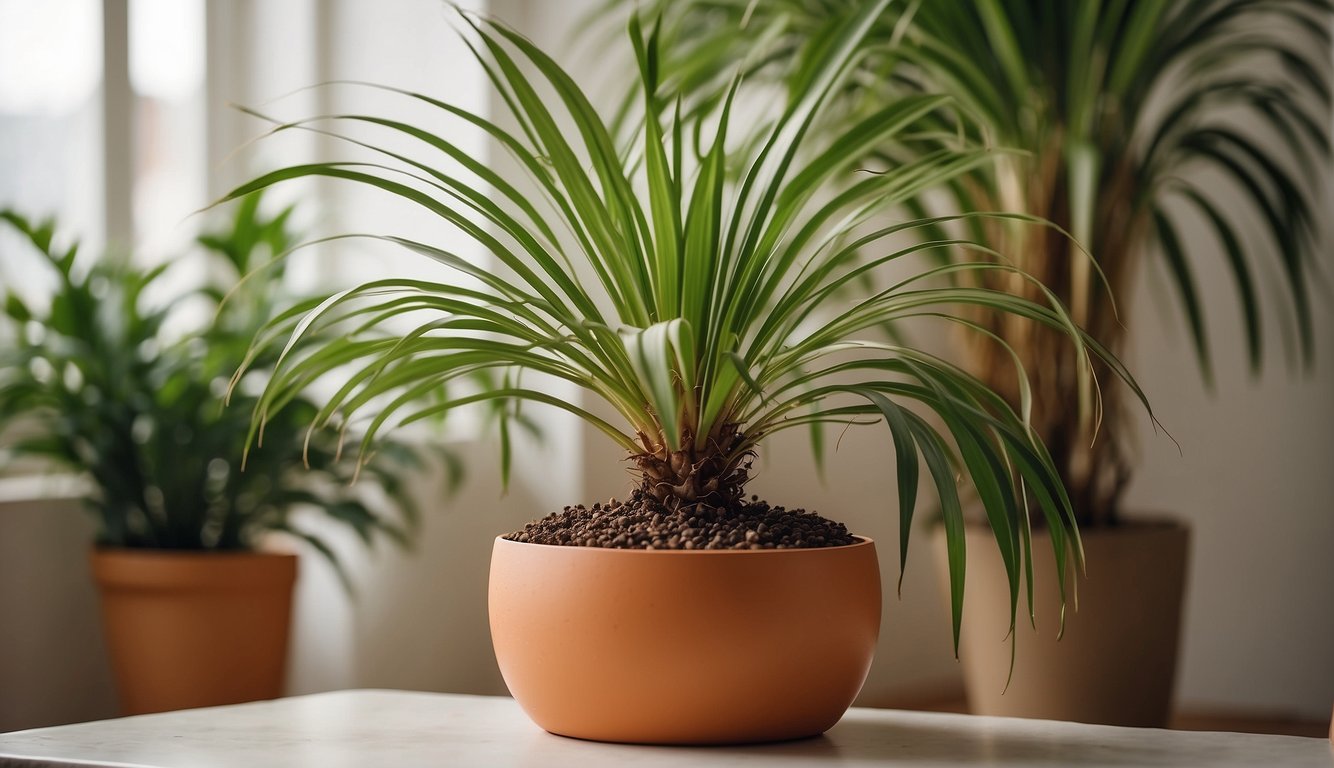 A Ponytail Palm sits in a bright, sunny room with minimalistic decor.

It is potted in a simple, terracotta pot and surrounded by other green plants