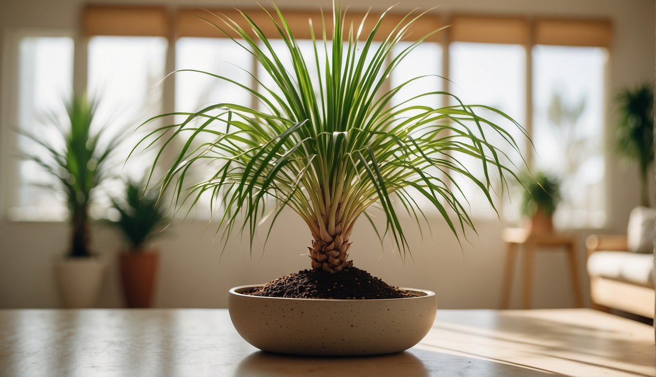 A ponytail palm sits in a bright, sunny room with well-draining soil and minimal water.

Its long, slender leaves cascade gracefully from the top, creating an elegant and low-maintenance houseplant