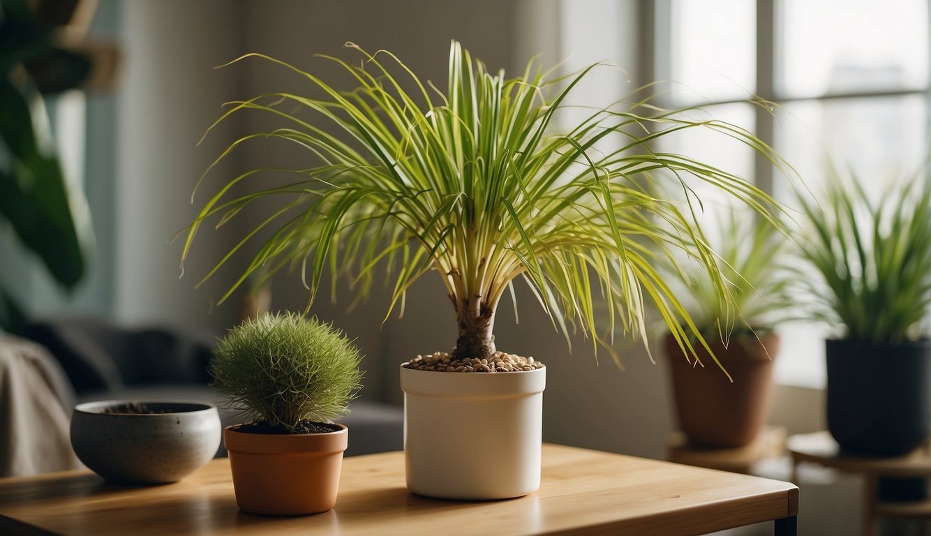 A ponytail palm with yellowing leaves sits in a bright room.

A small pot with well-draining soil and a drainage hole is nearby. A watering can and a bag of well-balanced fertilizer are on a shelf