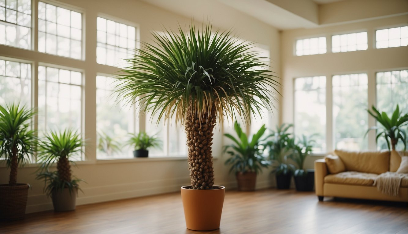A ponytail palm tree stands tall in a bright, airy room.

Its long, slender leaves cascade down like a flowing ponytail, creating a striking and elegant silhouette against the backdrop of the room