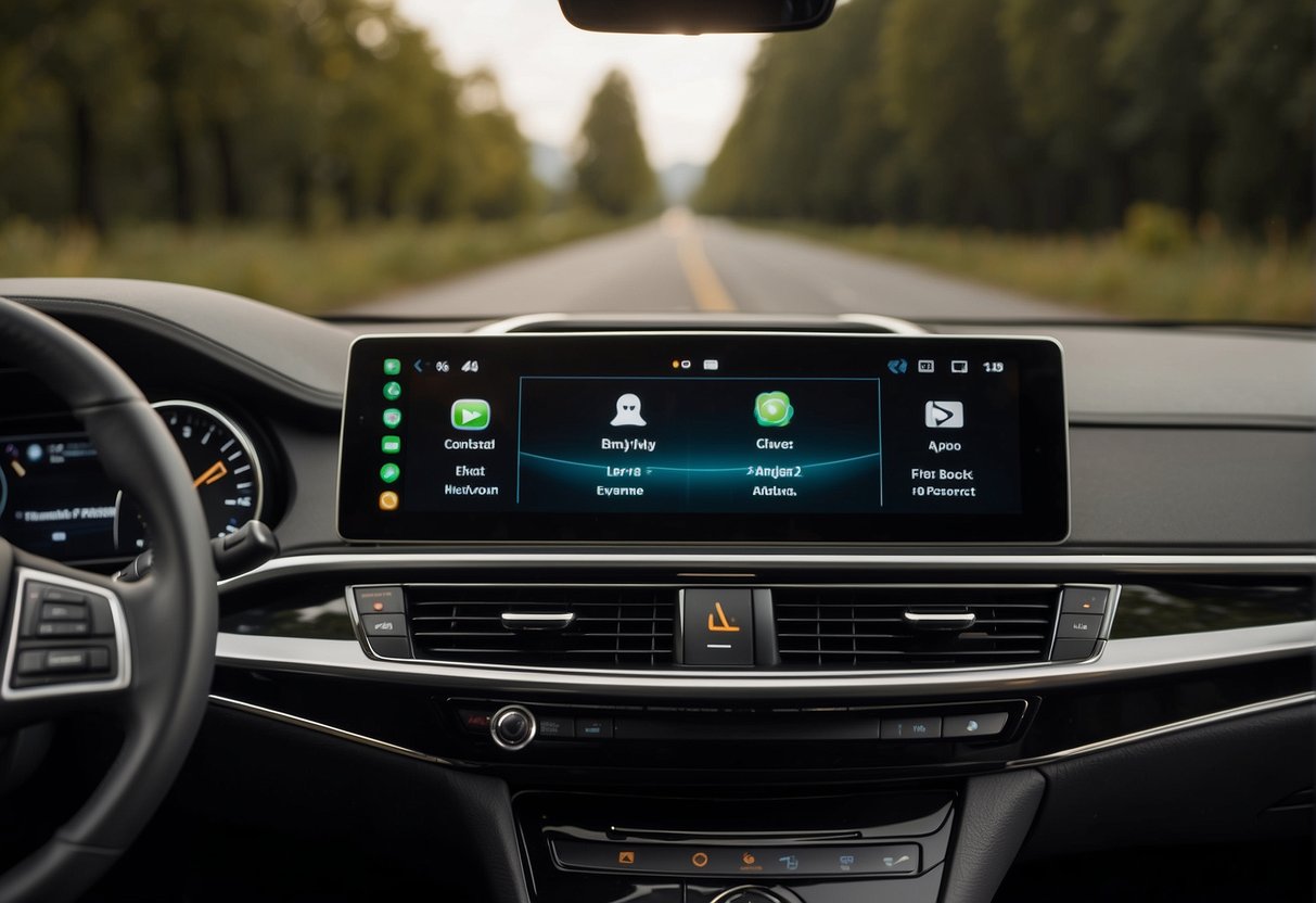 两辆车并排，一辆在屏幕上显示 Android Auto 界面，另一辆显示 Apple CarPlay。 两个屏幕都被仪表板控件和按钮包围