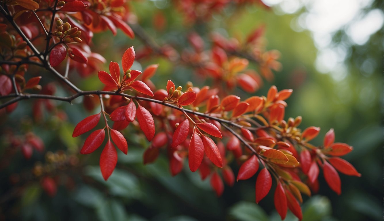 Berberis Thunbergii spreads through a garden, its vibrant red leaves contrasting with the greenery.

Its thorny branches create a dense barrier, while its small red berries add a pop of color