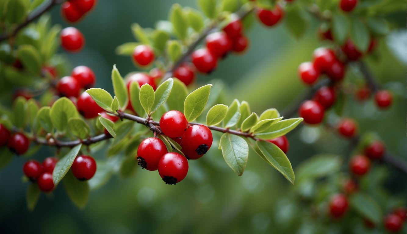Japanese barberry plants spread through a garden, intertwining with other plants.

Bright red berries dangle from the branches, contrasting with the green foliage