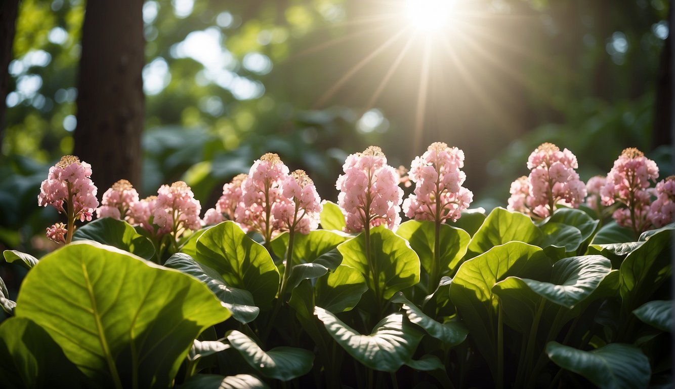 A lush garden with sunlight filtering through tall trees, showcasing a cluster of Bergenia Crassifolia plants with large, glossy, elephant ear-shaped leaves