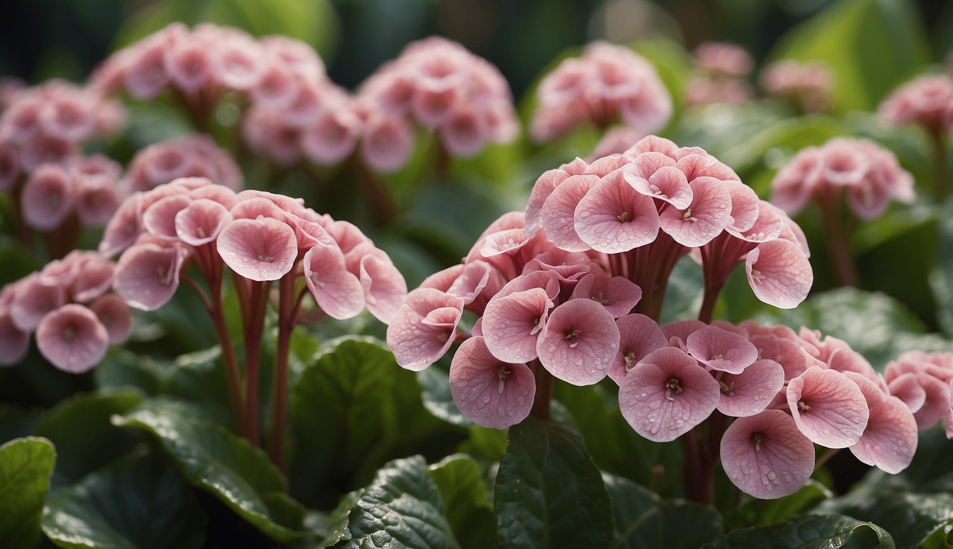 A close-up view of Bergenia Crassifolia's large, round leaves resembling elephant ears, with small pink flowers blooming in the background