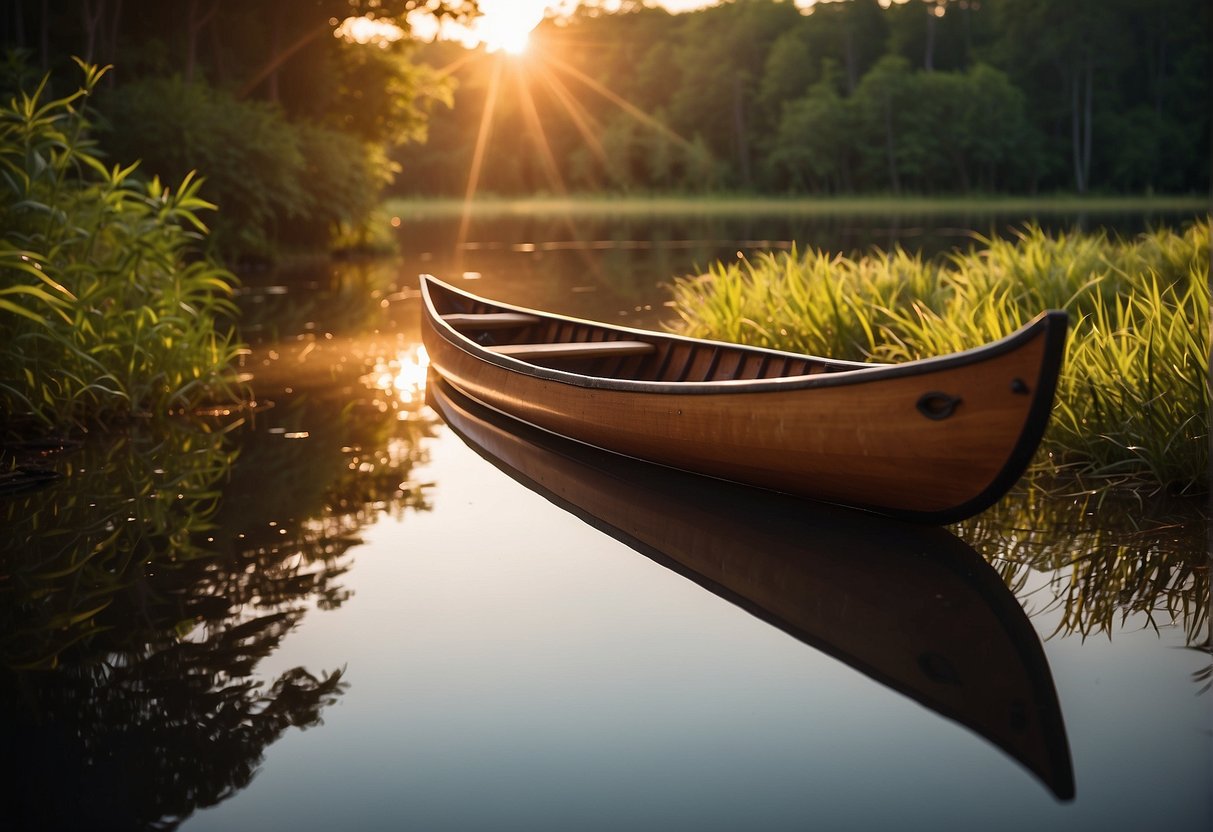 A flat back canoe sits on the calm water, surrounded by lush greenery. The sun is setting, casting a warm glow on the canoe's smooth wooden surface