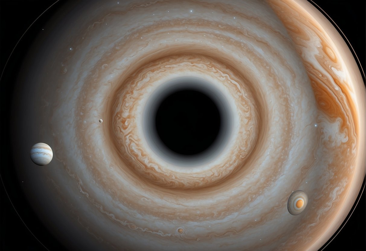 Jupiter's moons orbiting around the massive gas giant, with Juno spacecraft capturing data and images, revealing the mysteries of Jupiter's atmosphere and magnetic field