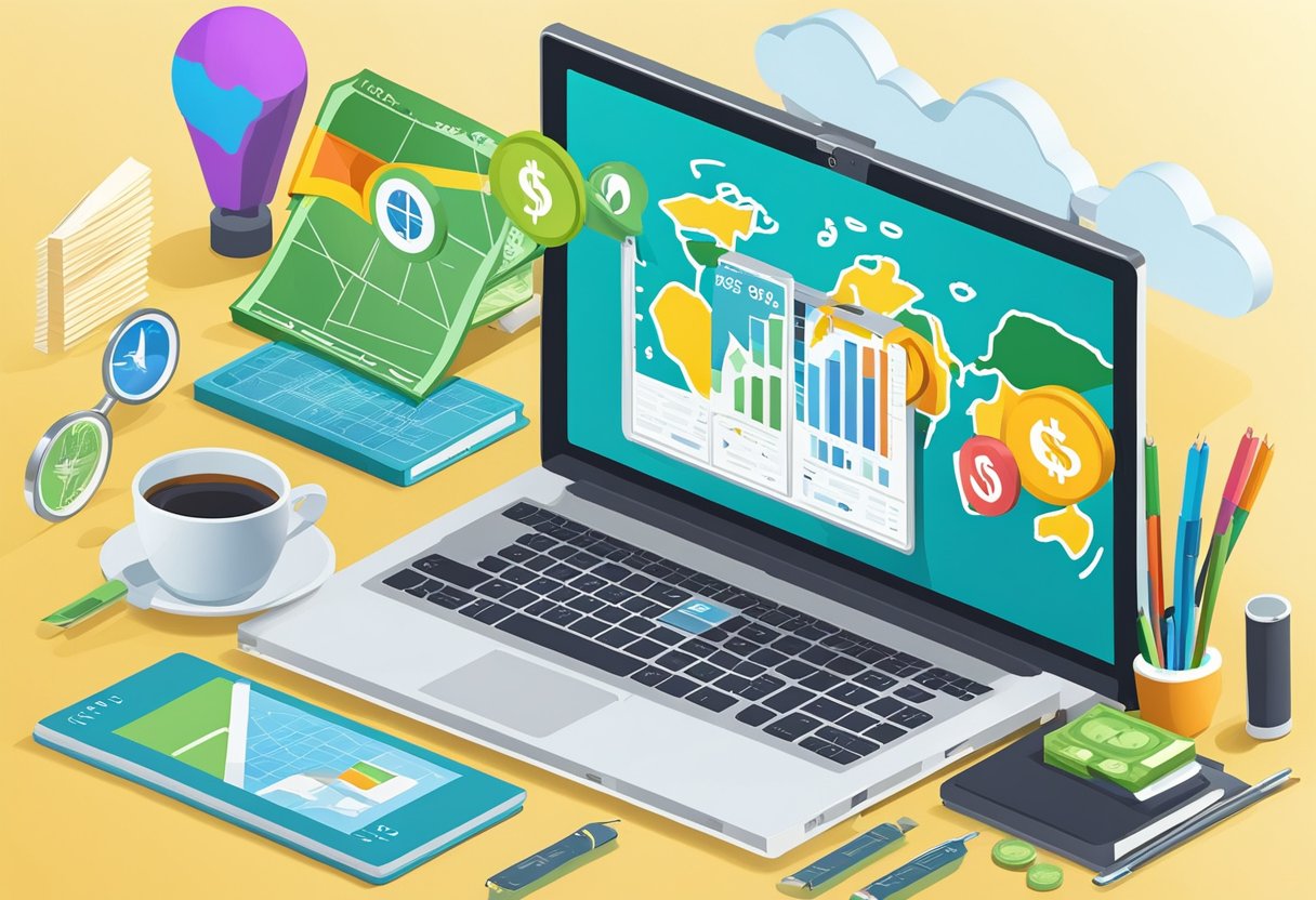 How Much Does SEO Cost in South Africa 2023? – Understanding Pricing and Services 2 A laptop displaying "SEO cost in South Africa 2023" with currency symbols and charts, surrounded by office supplies and a world map