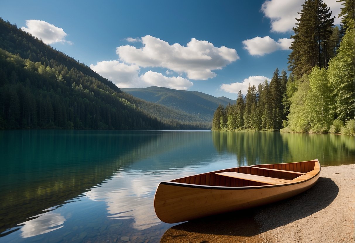 A flat back canoe rests on a calm lake, surrounded by lush green trees and a clear blue sky. The sleek, streamlined design of the canoe is evident, with a focus on its dimensions and features