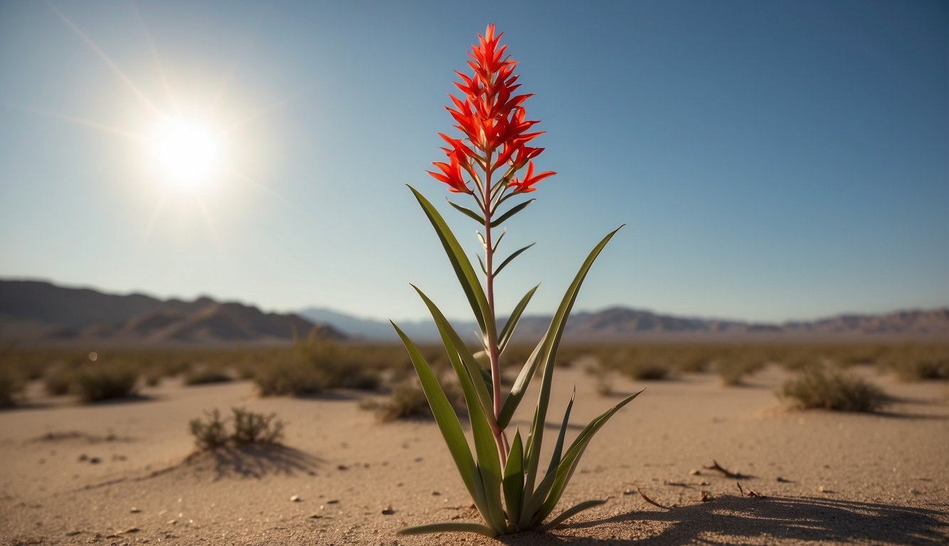 Beschorneria Yuccoides stands tall in a desert landscape, with long, slender leaves and a vibrant red flower spike reaching towards the sky