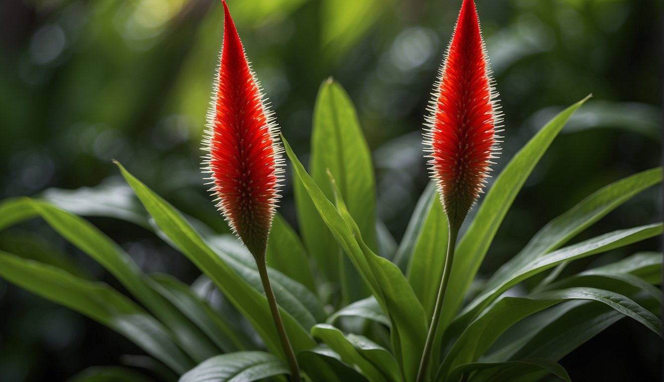 Beschorneria Yuccoides stands tall, with long, slender leaves fanning out from a central point.

Its vibrant red flower spikes reach upwards, adding a striking contrast to the green foliage