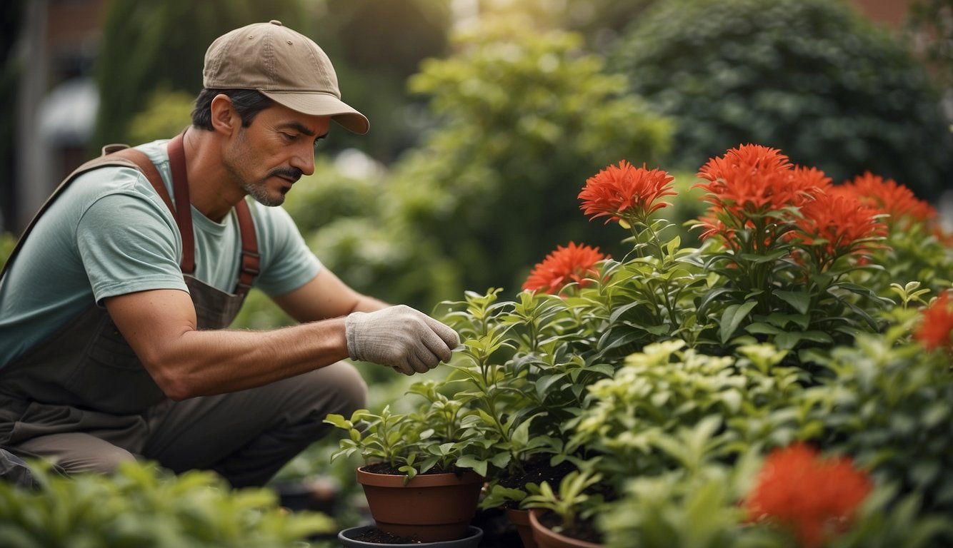 A gardener carefully tends to the Beschorneria Yuccoides, surrounded by vibrant green foliage and blooming red flowers