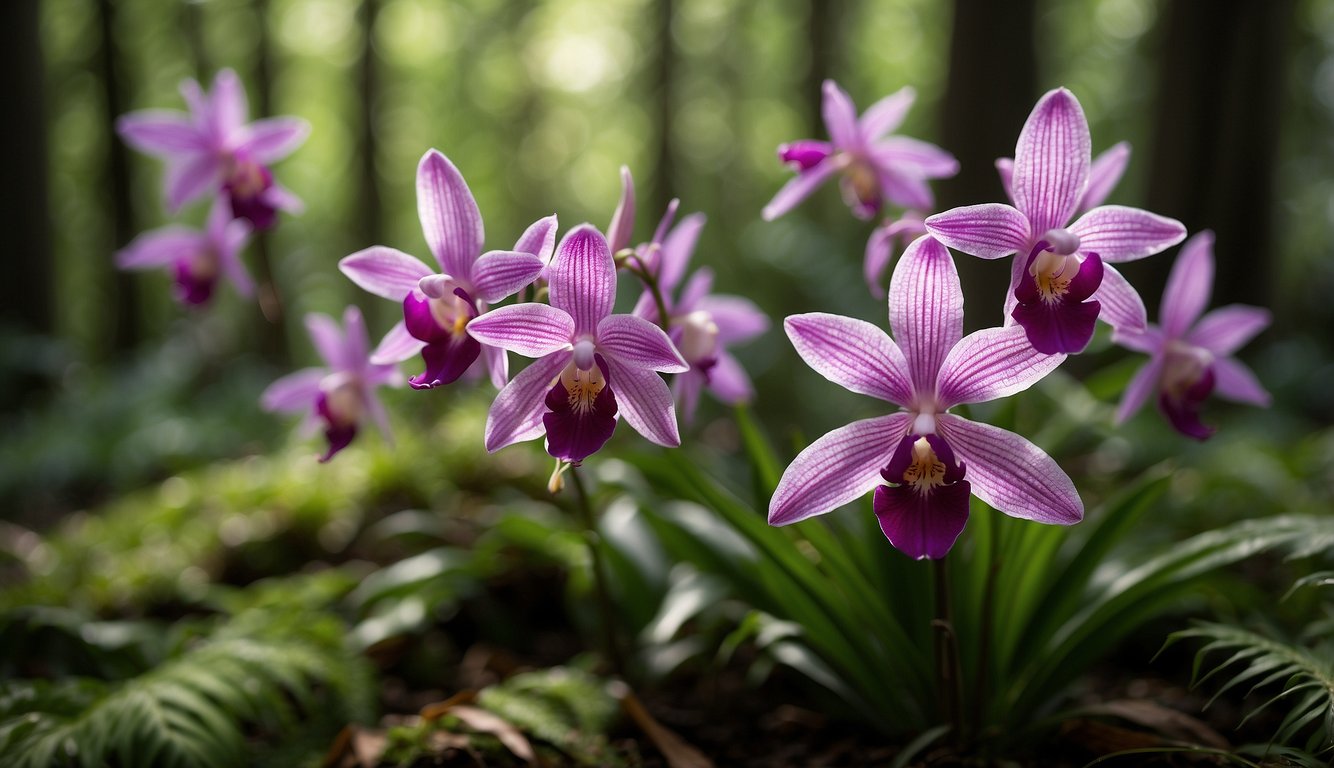 A cluster of Bletilla Striata orchids blooms in a dappled woodland setting, surrounded by lush green foliage and delicate ferns