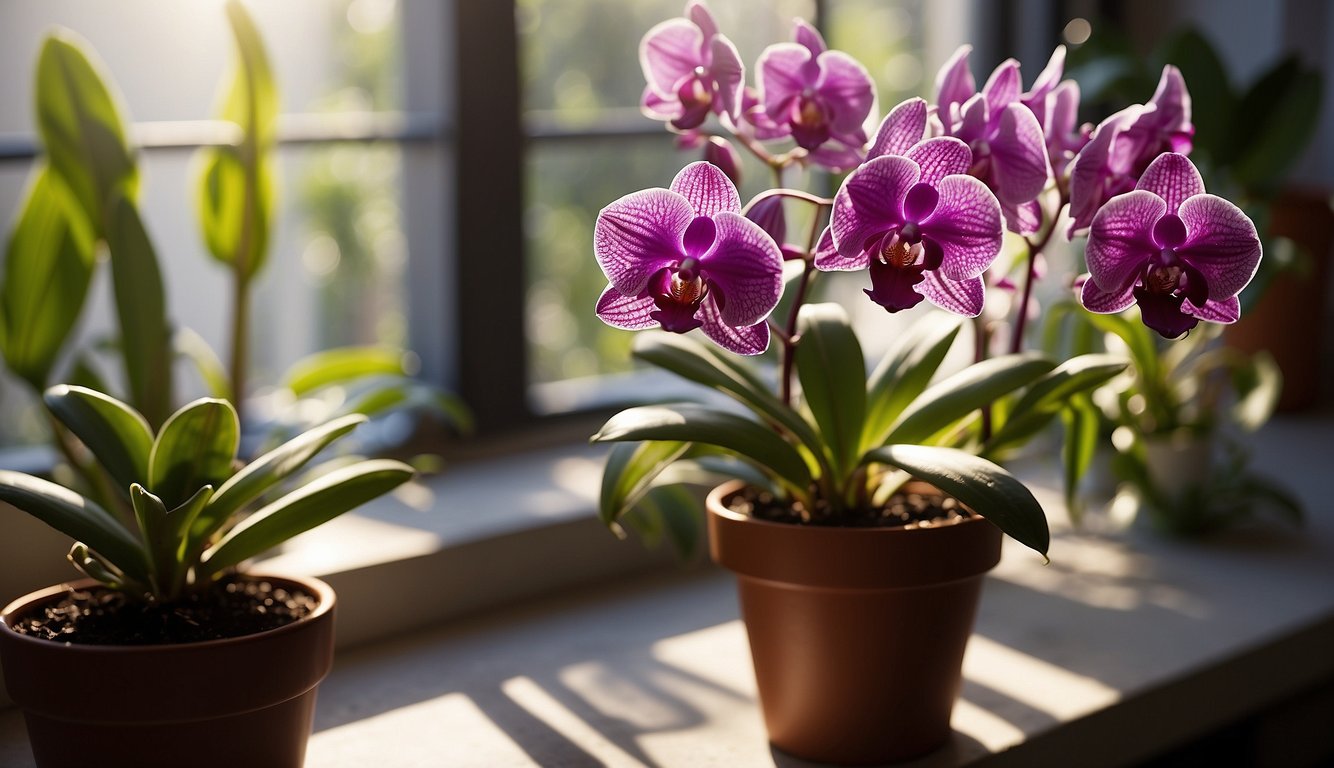 A hand reaching to gently water a potted Bletilla Striata orchid with sunlight streaming through a nearby window