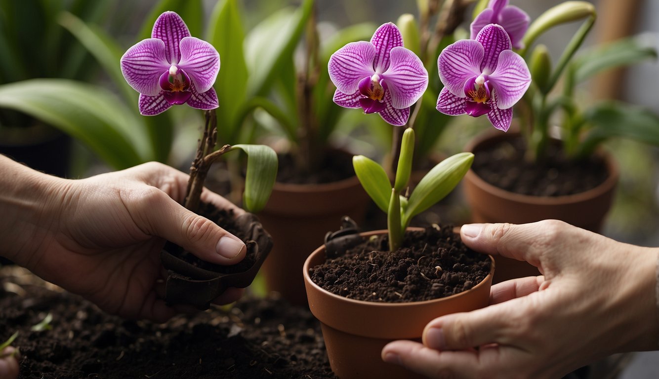 A pair of hands holding a small shovel and a potted Bletilla Striata orchid.

The soil is being carefully removed from the roots before repotting