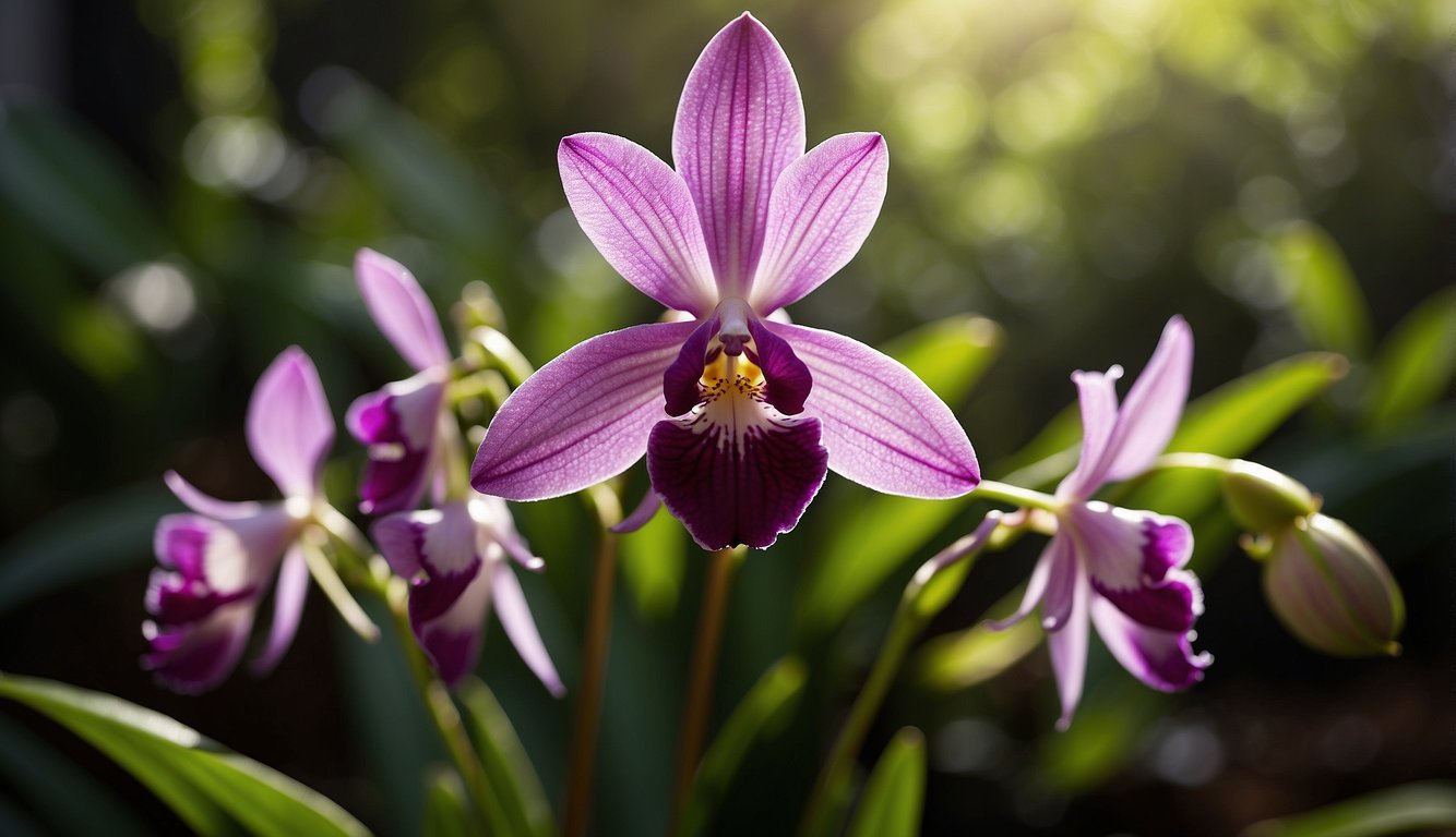 A vibrant Bletilla Striata orchid blooms in a lush garden, surrounded by green foliage and dappled sunlight