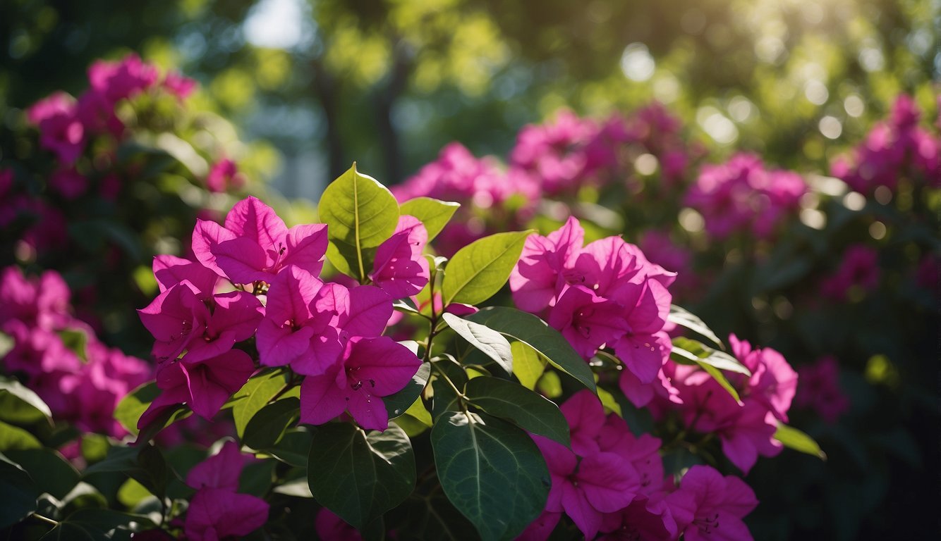 Bougainvillea Spectabilis blooms in vibrant hues, surrounded by lush green foliage.

Sunlight filters through the leaves, casting dappled shadows on the ground