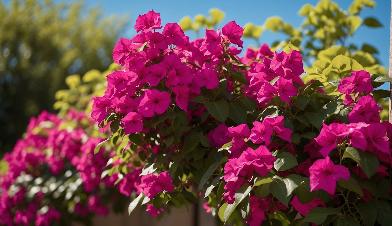 A vibrant Bougainvillea Spectabilis plant in full bloom, with colorful, papery bracts and lush green leaves cascading down a trellis in a bright, sunlit garden