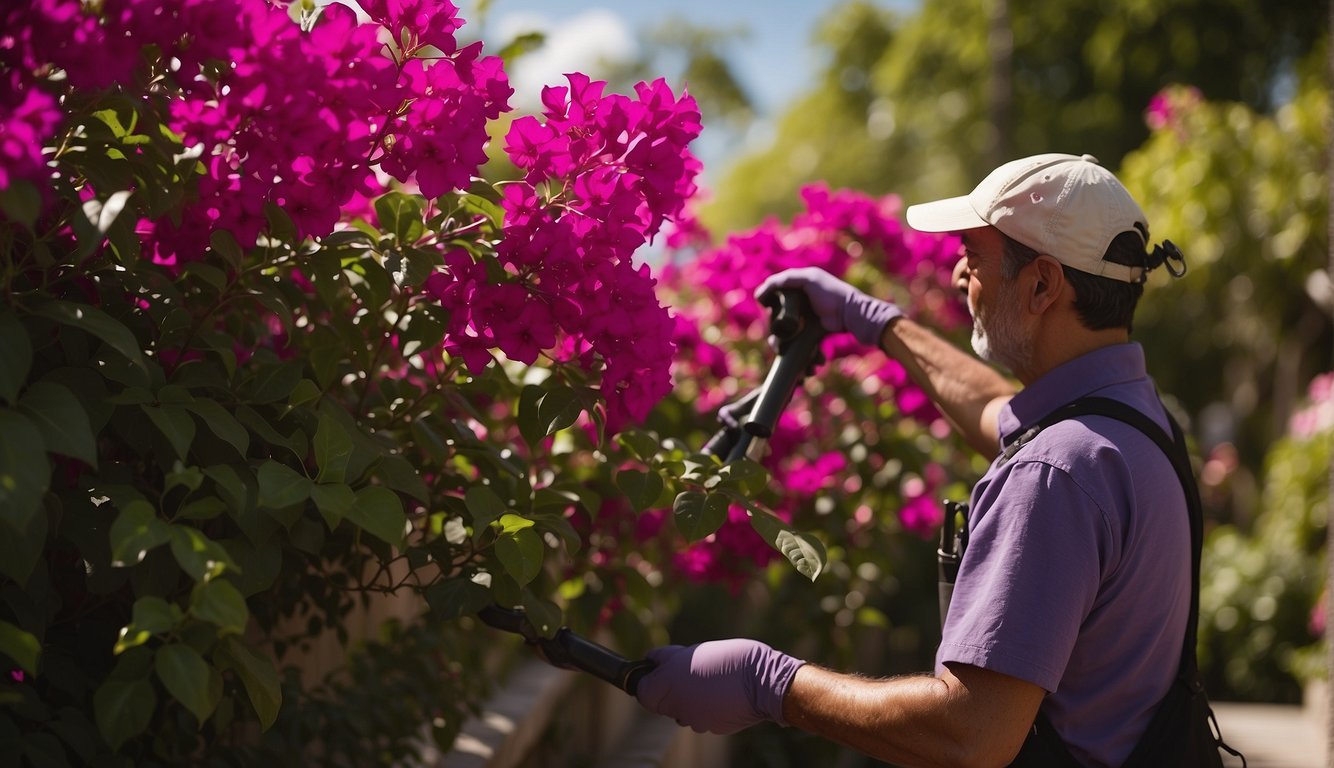 A gardener sprays bougainvillea plants with organic pest control, while others inspect for signs of disease.

Sunlight filters through the lush green leaves, highlighting the vibrant blossoms in shades of fuchsia, orange, and purple