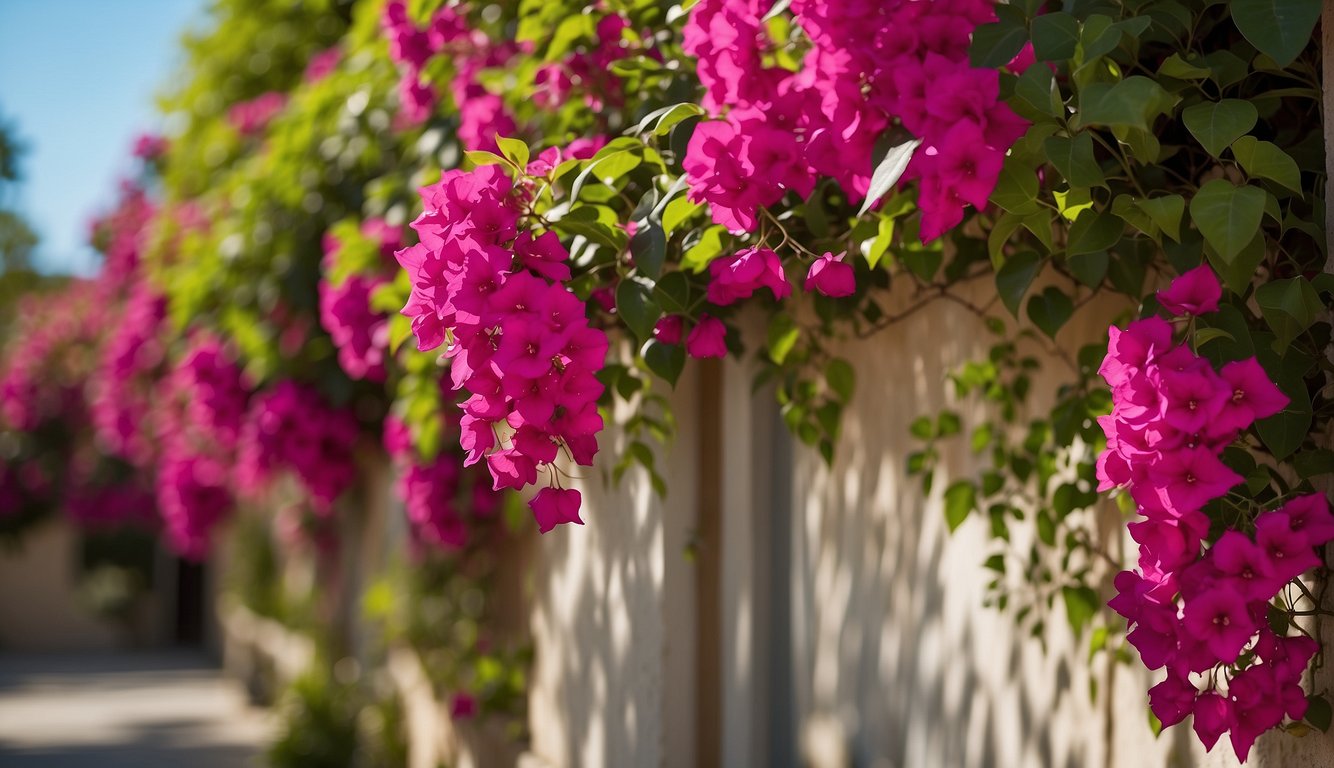 A vibrant bougainvillea plant in full bloom, with colorful bracts and green leaves cascading down a trellis in a sunny garden setting